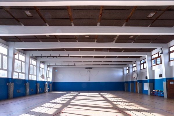Bâtiment moderniste des années 1960, gymnase et cours, Paris 19e